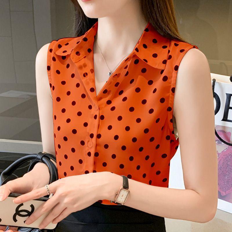 Fashion Summer Tank Blouses Korean Commuter Printed Polka Dot Polo Collar Sleeveless Chiffon Loose Button Women's Shirts