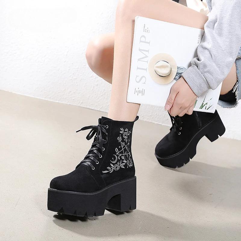Mode Blomma Platåstövlar Chunky Punk Mocka Läder Dam Gotiska Skor Nattklubb Snörning Bakre Dragkedja