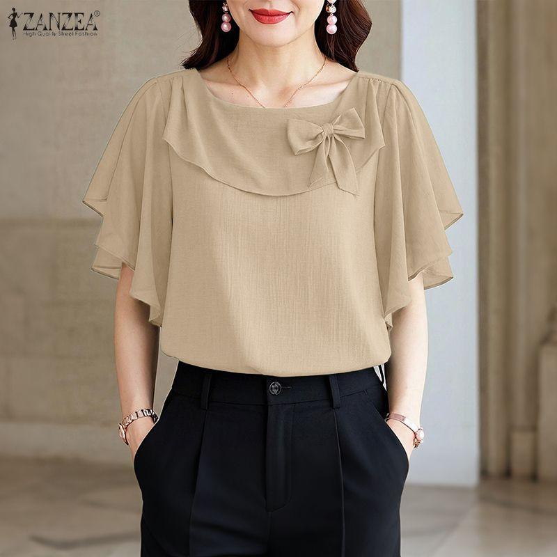 ZANZEA Blusa casual larga da donna con scollo quadrato, maniche corte e balze