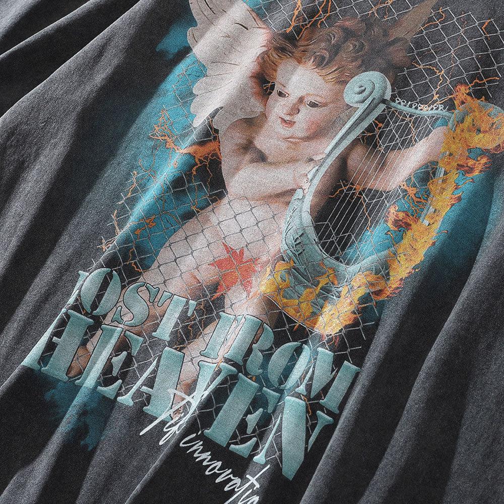 Angel Character Print Men's Short Sleeved T-shirt Ins European and American Street Distressed Round Neck Half Sleeved T-shirt Summer Bf Loose Fit