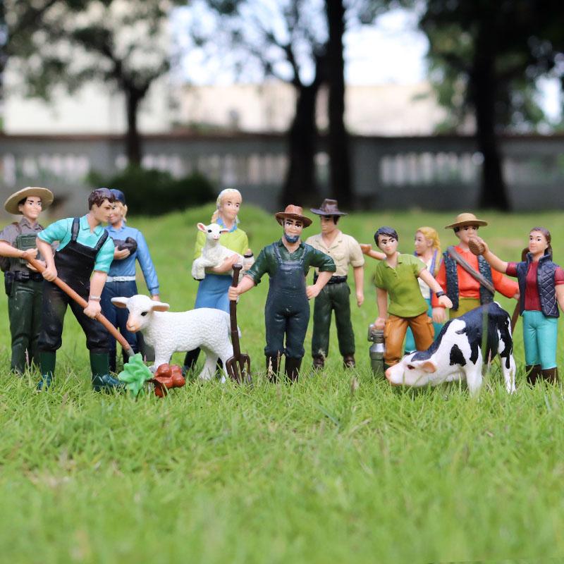 Oenux New Farmer People Model Simulation Farm Staff Feeder Action Figures Pig Animals Figurine Miniature Lovely Toys For Kids