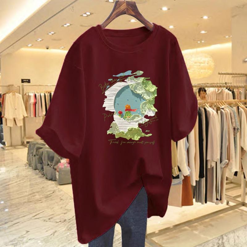 White Cotton Short-sleeved T-shirt Women's 2025 Summer New T-shirt Loose Large Size Medium and Long Large Version Top