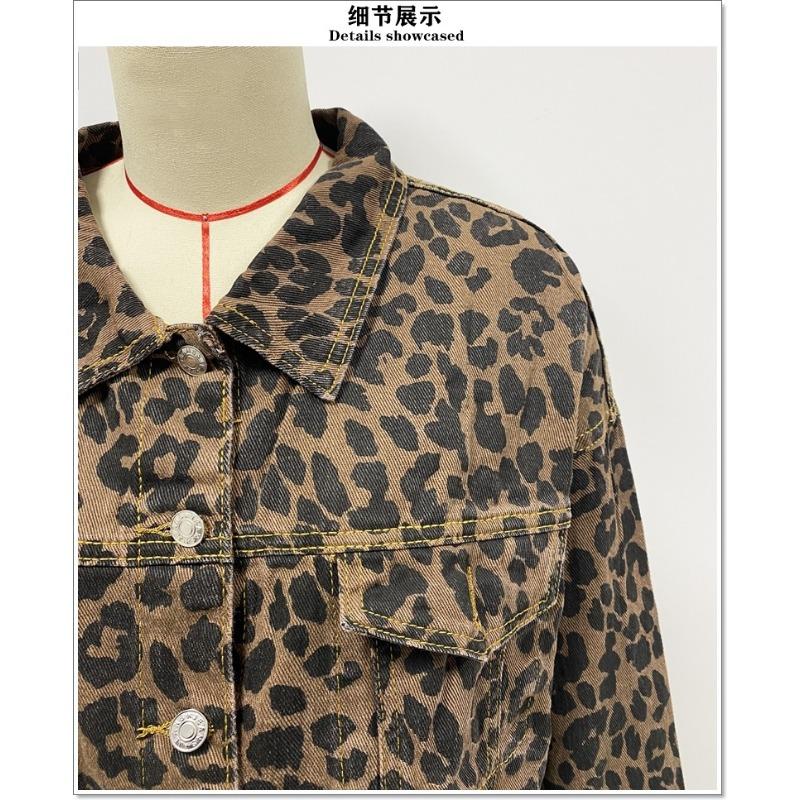 Women's Spring and Autumn Denim Jacket Leopard Print Long Sleeve Short Loose Casual Jacket