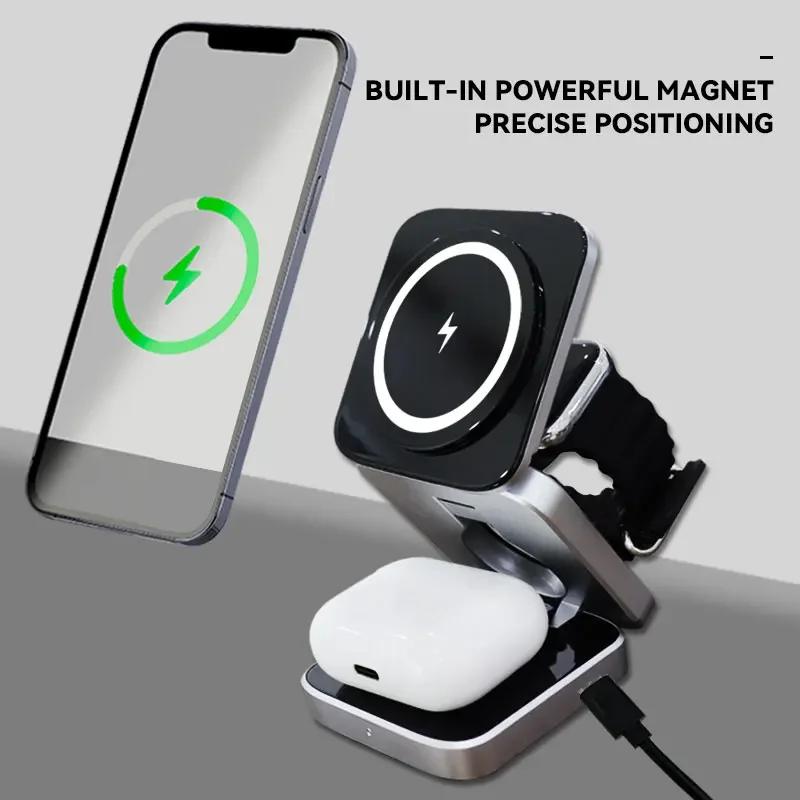 3 In 1 Foldable Magnetic Wireless Charger For Magsafe iPhone 16 15 14 13 12 IWatch AirPods 3/2 Fast Charging Holder Dock Station