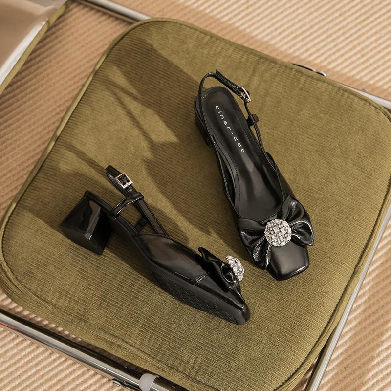 55105 high heels women's thick heel 2025 new square head empty sandals temperament rhinestone bow shoes