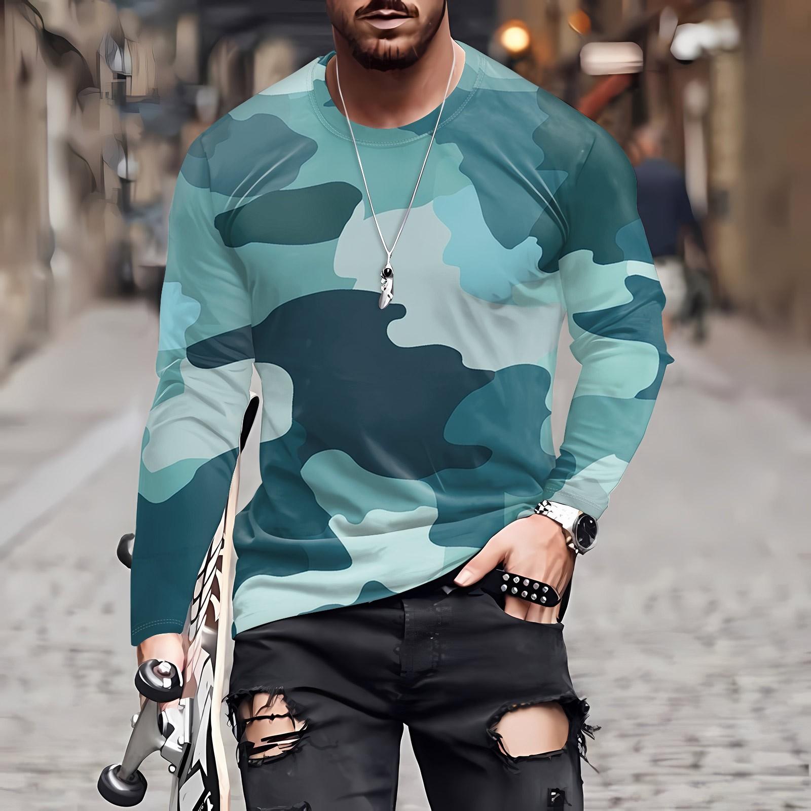 

Муж. Футболка Круглый вырез Одежда Одежда На открытом воздухе Длинный рукав С принтом Модельер Винтаж XL небесно-голубой