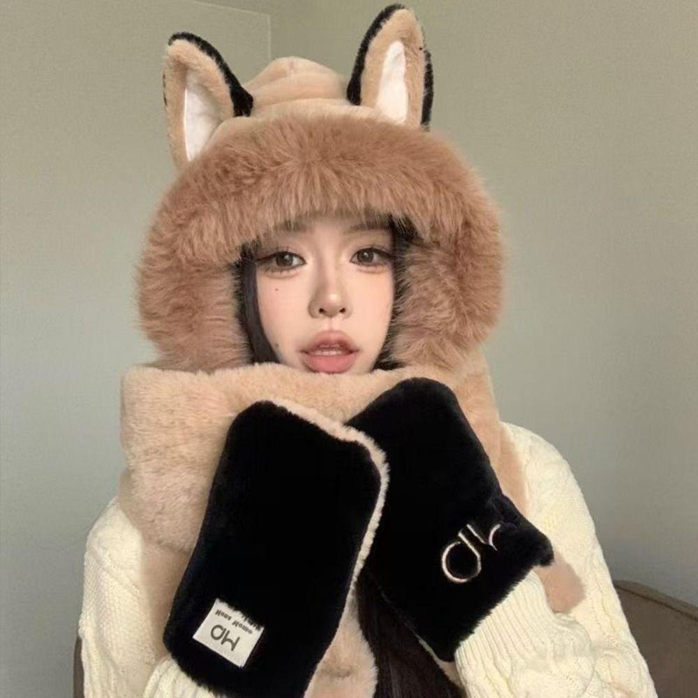 

2/3 шт. утолщенный пушистый шарф-шапка комплект милый мультяшный плюшевый шарф-шапка-перчатка для женщин на открытом воздухе Pink 2Pcs Set