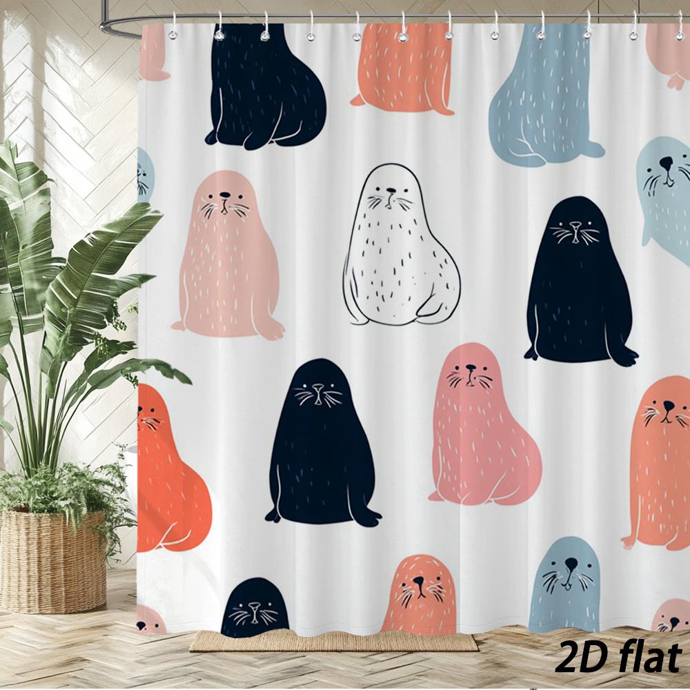 

Cute Seal Pattern Shower Curtain – 2D Flat, Pastel Seals On White, 12 Hooks, 70.8×70.8 In, Polyester, Machine Washable W60H190(CM)-1 Pcs