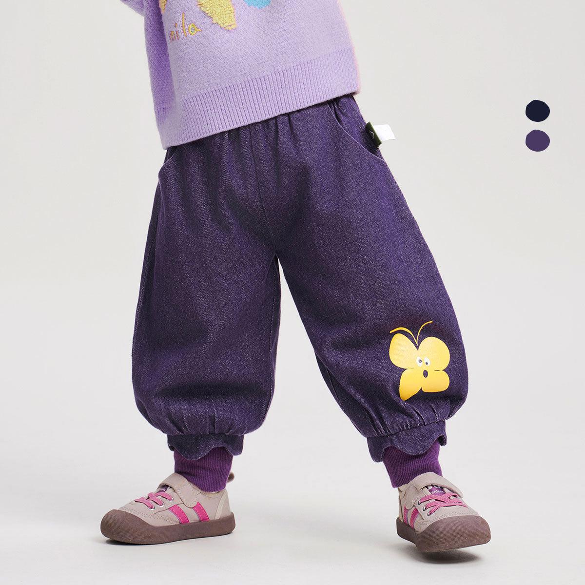 

Девичьи зимние джинсы 2025 с флисовой подкладкой Бабочки - Детские теплые повседневные брюки 80cm