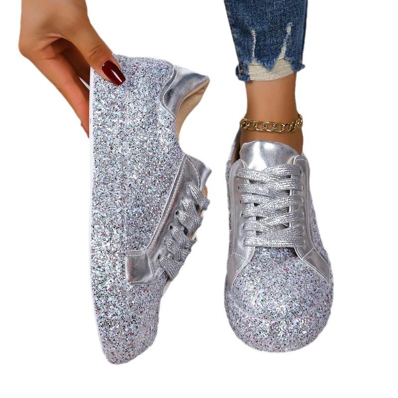2025 Spring New Arrival Plus Size Lace-Up Women's Shoes Sequin-Embellished Round-Toe Casual Flats