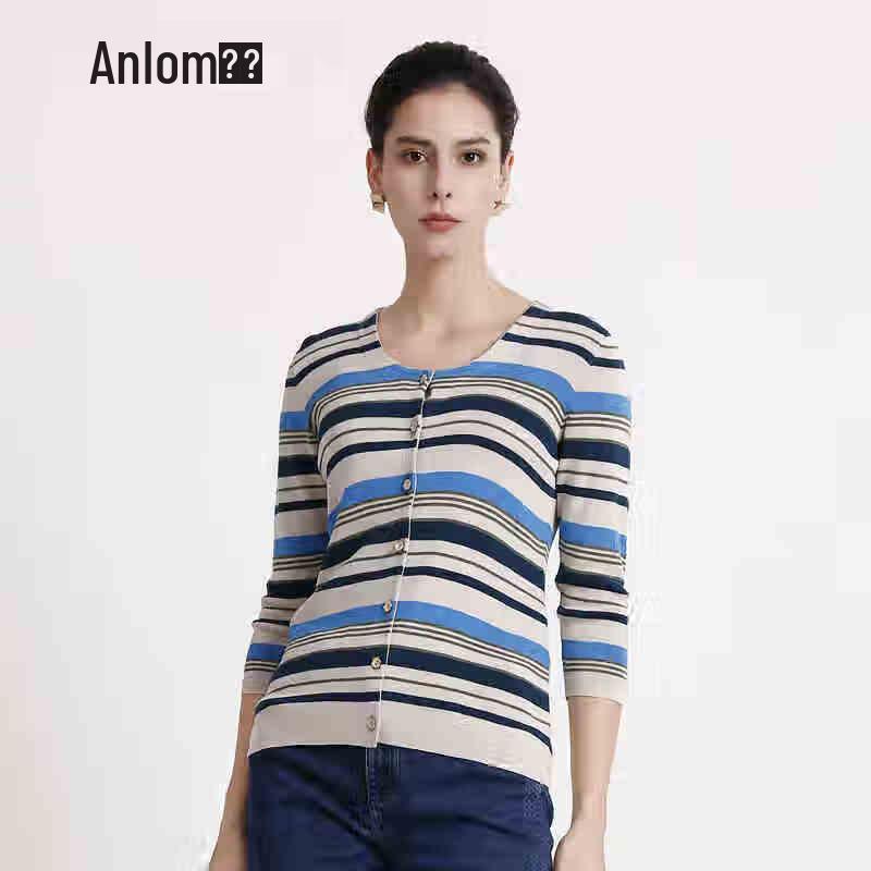 Anlom Women's Striped Round Neck Knit Cardigan