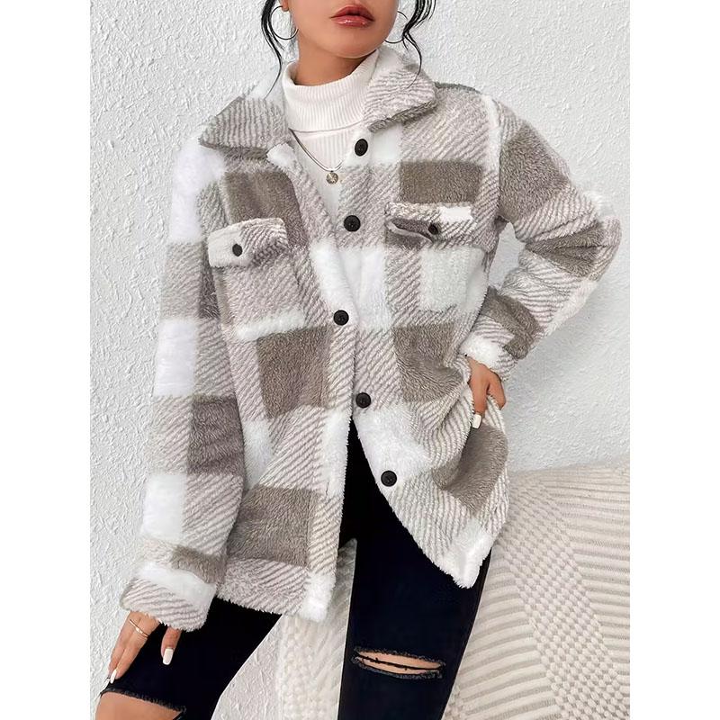 Herbst Plüsch Winterjacke Damen Karoprint Jacke Dick Plüsch Warm Print Langarm Mantel Winter Locker Umlegekragen Damenmantel