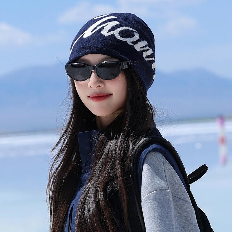 American Letter Jacquard Knitted Hat for Women in Autumn and Winter Warm and Ear Protecting Woolen Hat Versatile Face Showing Small Baotou Cold Hat