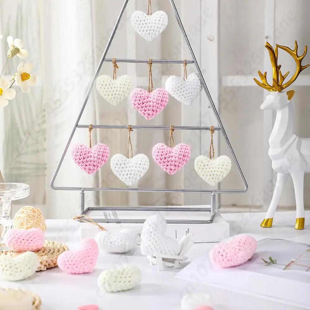 12Pcs Knitted Heart Hanging Pendant DIY Crochet Handmade Heart Tree Ornament Home Christmas Valentine's Day Wedding Party Decor