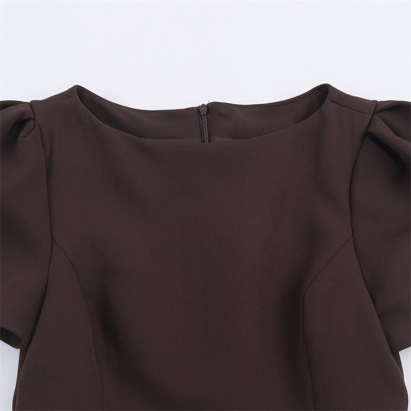 French Bubble Sleeve Sexy Waist-cinching Pleated Dress - Solid Color Short Skirt, European American Style