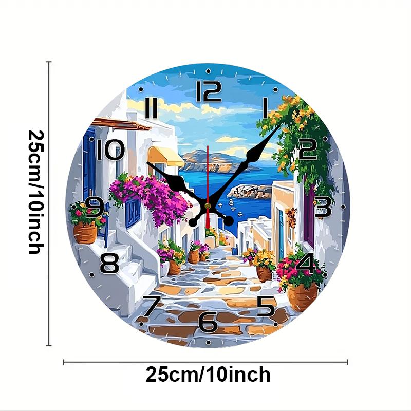

Mediterranean Street Wooden Round Silent Hanging Wall Clock, Suitable For Living Room,Office,Study Room,Bedroom, Home Decoration (as the picture,10 inch)