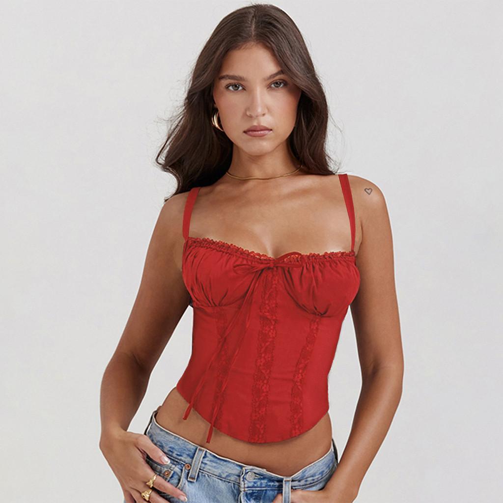 Summer Lace Spliced Bandage Sexy European Top For Women With Slim Fit Style