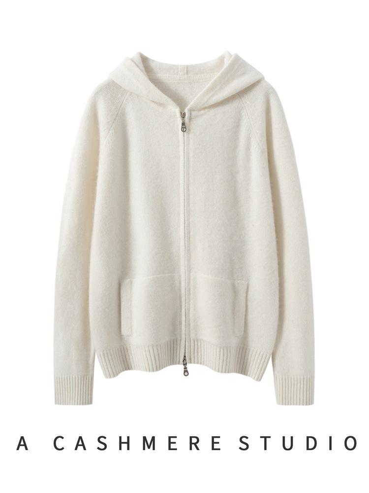 Hooded Cashmere Double Zipper Women`s Loose