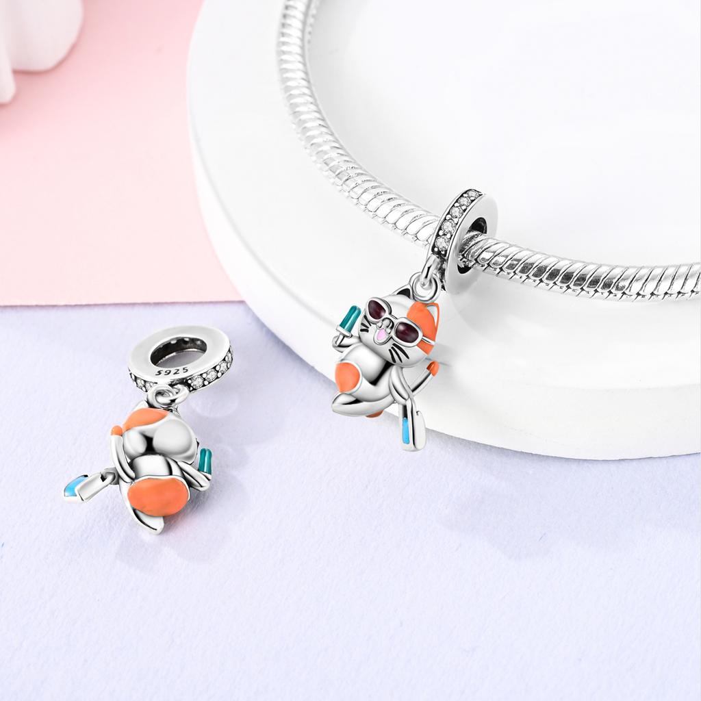 Charms Copper Cute Cat Ice Cream Travel Pendants Beads Fit Charms Plata Original Bracelet Beads Women Jewellery Making