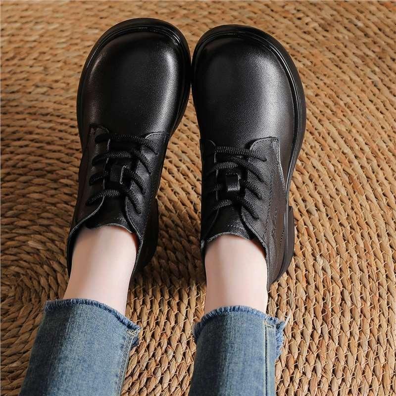 First Layer Cowhide Spring and Autumn Single Boots Retro British Style Martin Boots Versatile Round Head Leather Lace-up Thick Heel Short Boots Women