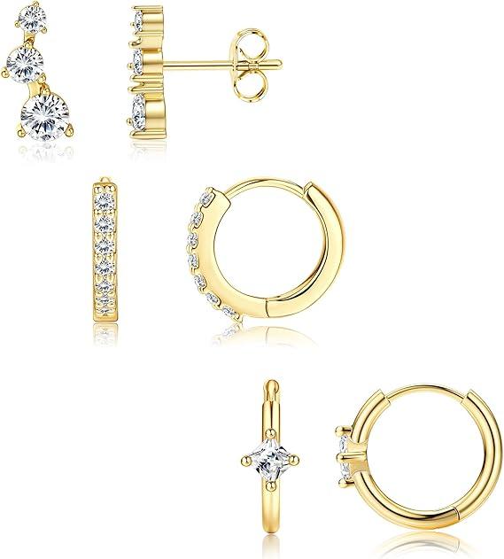 Bobisty 6Pairs Earrings for Women 14K Gold Plated Stud Hoop Stacks Earrings Set 316L Surgical Steel Earring Piercing Jewellery