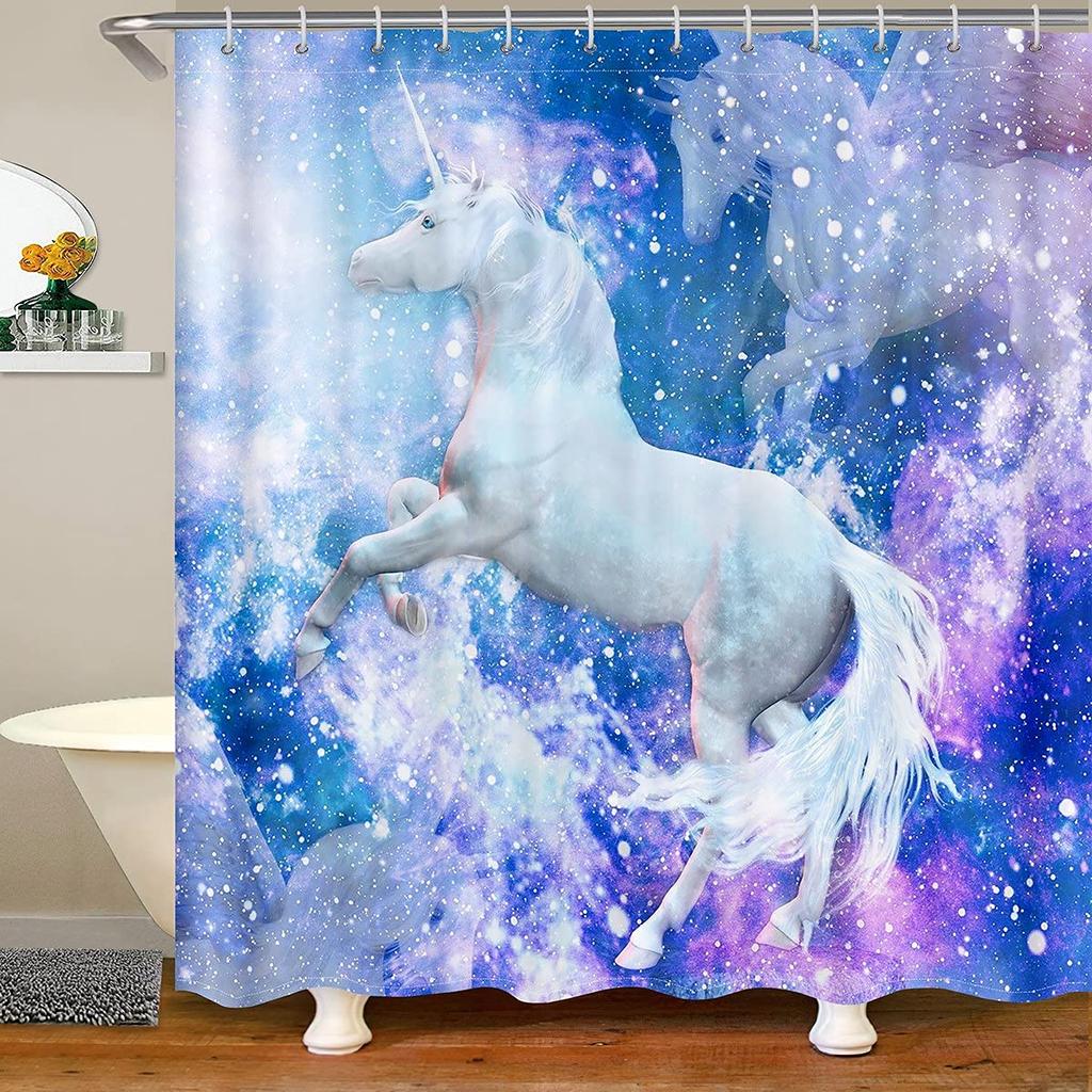 Gradient Purple Shower Curtain, Rainbow Unicorn Bath  Glitter Stars, Waterproof Curtains, Dreaming Cartoon Bathroom Deco