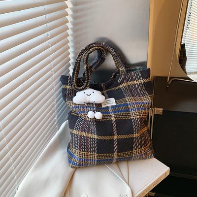 Winter Woolen Light Student Class Large Capacity Portable Tote Bag Popular Plaid Shoulder Bag Women'S Bag