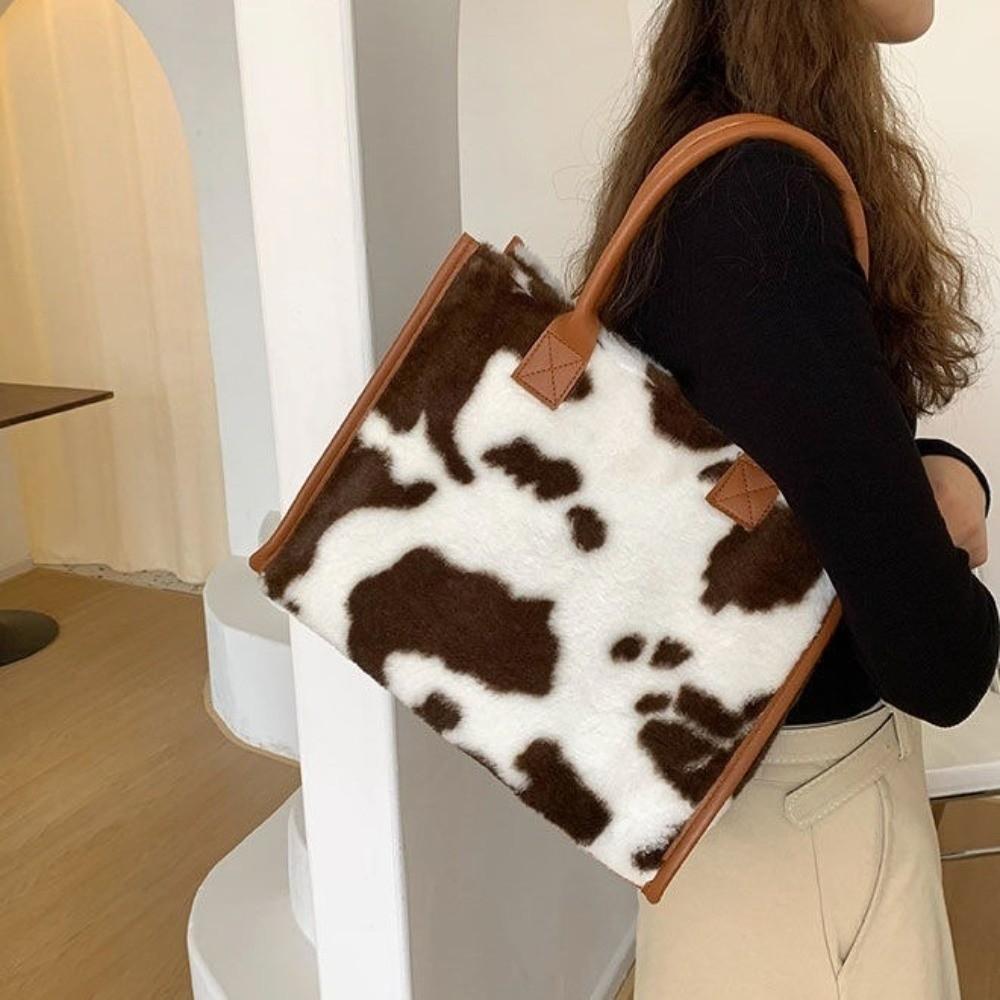 Versatile Soft Shopper Tote Cow Print Large Capacity Handbag New Plush Tote Bag Travel