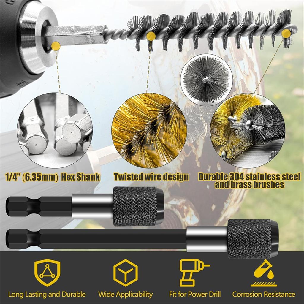 2025+ 14-Piece Bore Brush Set 1/4" Hex Shank with Extension Bar for Power Drills,Impact Drivers,Grinders (8/10/12/15/17/19 mm)