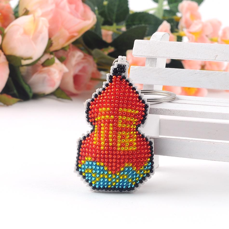 Colorful Fu Lu Gourd Keychain with Beaded Embroidery and Wave Fu Symbol