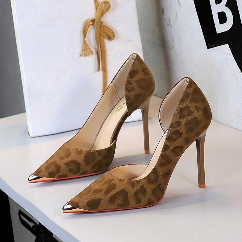Fashion European American Style Pointed Toe Metal Side Empty Shallow Mouth Single Shoes For Women Leopard Print Slim Heels High Heels