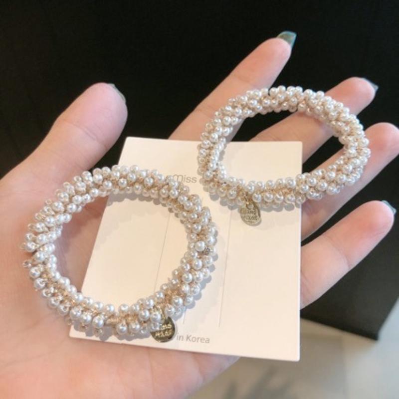 Fashion Crystal Pearl Hair Ties High Elastic Beaded Scrunchies Women Girls Ponytail Holder Rubber Band Bohemia Party Headwear