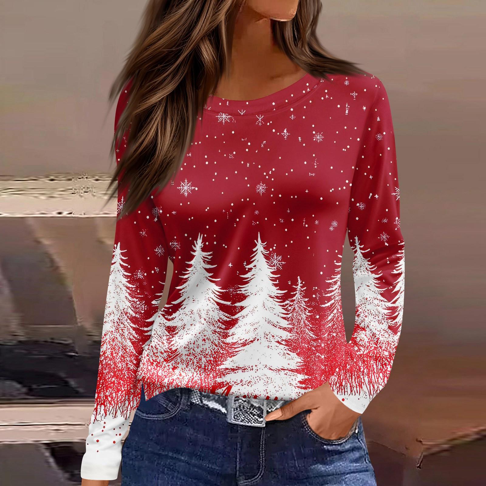 

Women s Fashion Casual Slit Hem Round Neck Long Sleeve Loose Christmas Printed T-Shirt Ladies Top XL киноварь