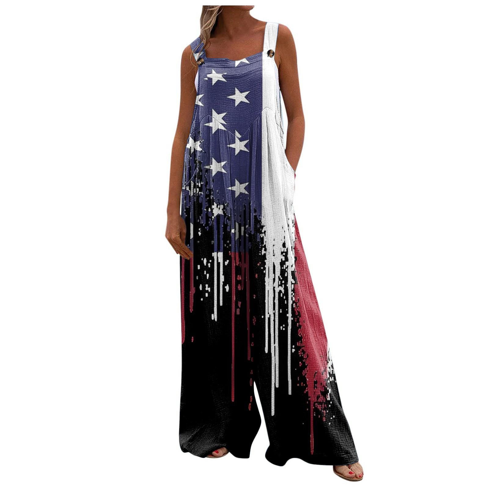 

Женский модный комбинезон с принтом на День независимости, длинные брюки, повседневный комбинезон с карманом и нерегулируемым ремнем XXL