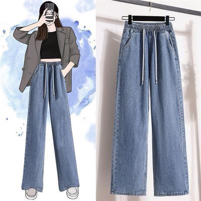 Damen Frühlings- und Sommer-Jeans mit mittlerer Taille, locker, lässig, für Studenten, elastischer Bund, einfarbig, gerade Hosen
