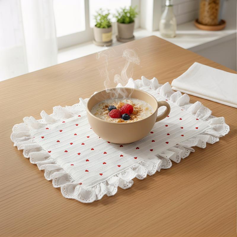 Lace Ruffles Placemats Heart Pattern Table Napkins Soft Flounced Cloth Cups Mat For Home Party Wedding Decoration