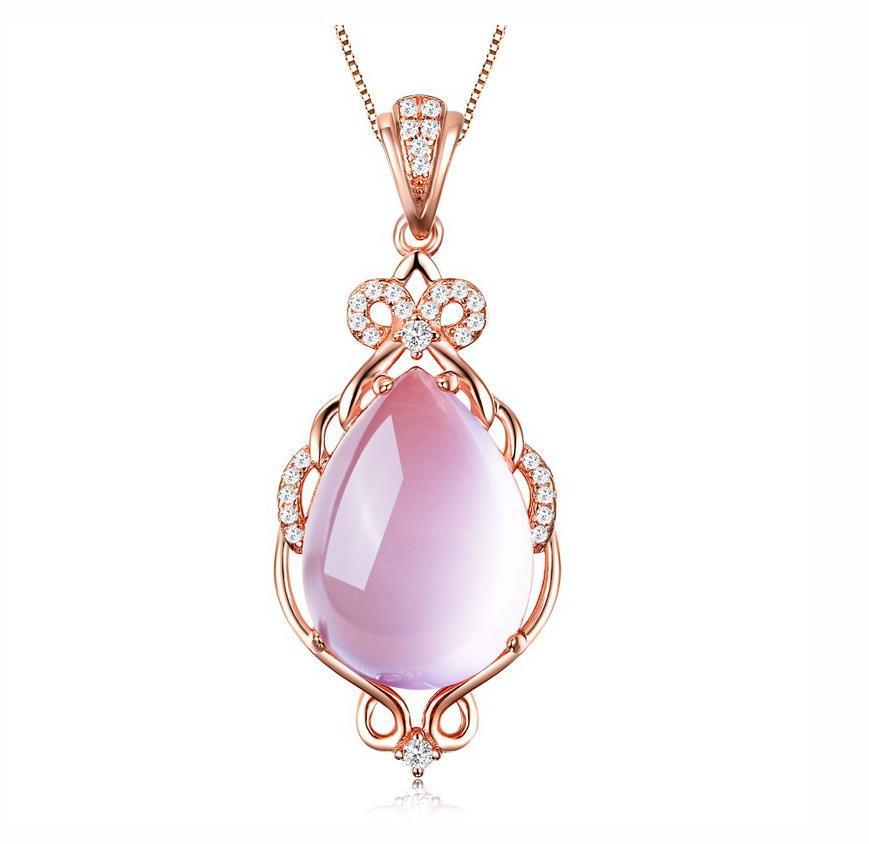 Silver-Plated Fairy Necklace: Pink Crystal & Hibiscus Stone Pendant On Rose Gold Clavicle Chain, Perfect Gift for Women