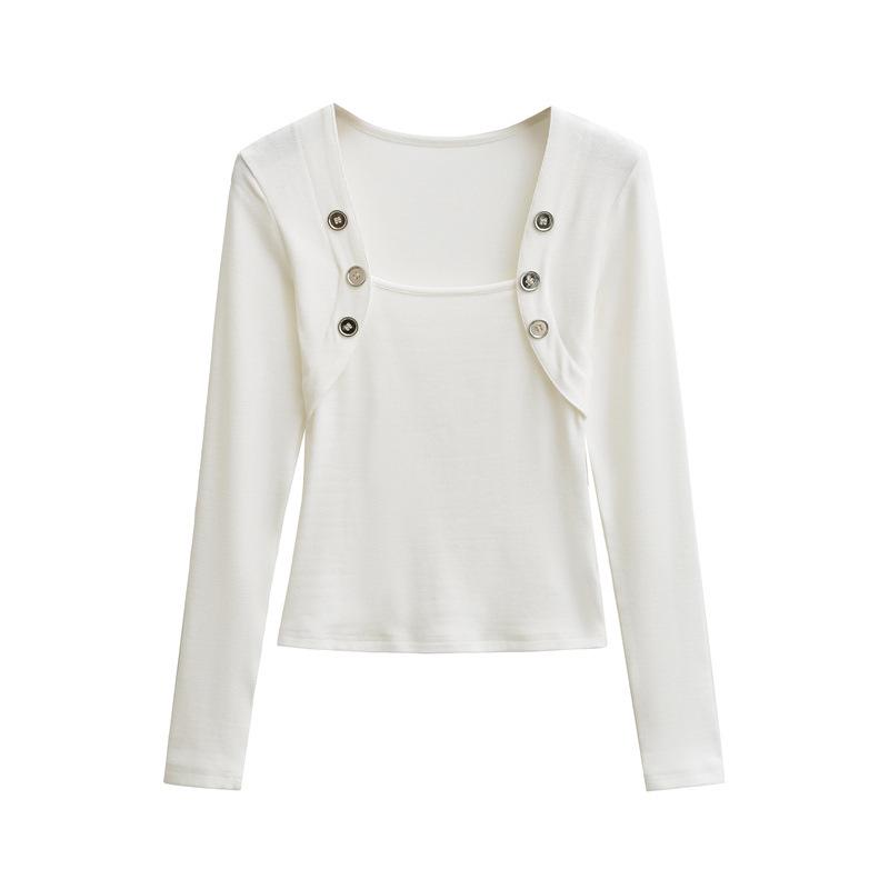 Pure Desire Style Fake Two-Piece Off-Shoulder Imitation Cashmere Square Neck Long-Sleeve Slim Fit Women's Top