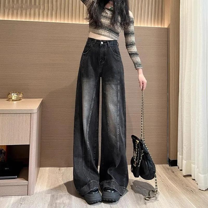 Stylish Distressed Vintage Wide Leg Trousers Women's Clothing High Waist Button Autumn Winter New American Loose Straight Jeans