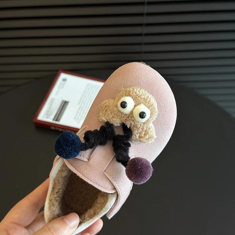 2024 Kids Plush Flats for Girls Winter New Fashion Korean Cute Style Soft Anti-slippery Versatile Chic Keep Warm Leather Shoes