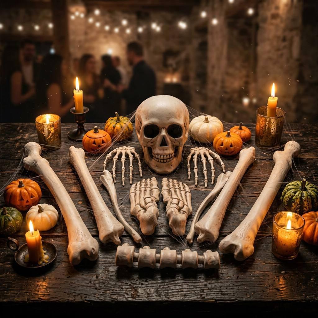 Halloween Skelett Dekoration für Party, Lebensgroßes bewegliches Skelett Requisite für Innen Außen Haus