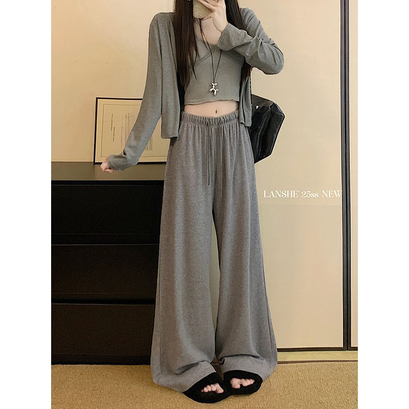 Elastic Waist Idle Style Casual Pants Women's Autumn Loose Gray Straight-Leg Pants Drooping Wide-Leg Pants Mop Pants Length Pants