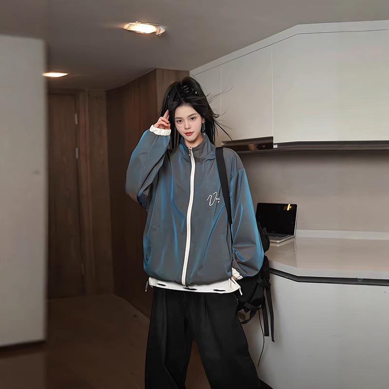 Unisex Retro Reversible Color Print Windbreaker Jacket 