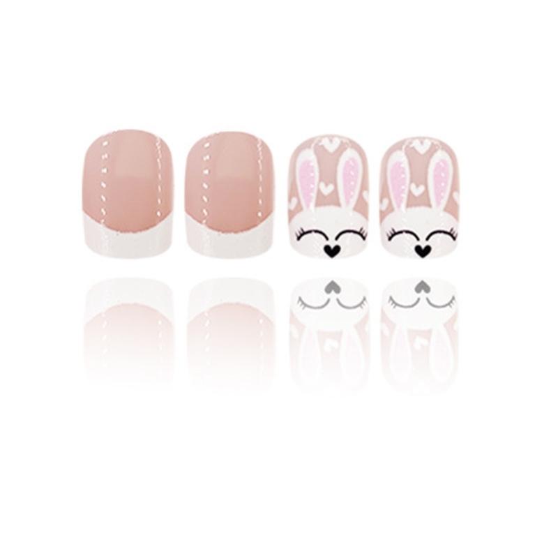24pcs Square Press On Nail with Rabbit Pattern Short Artificial Nail Full Cover False Nail Manicure Nail Art for Women
