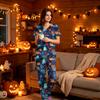 Women's Halloween Print Scrub Set V-Neck Short Sleeve Top with Pocket and Pants 2-Piece Uniform