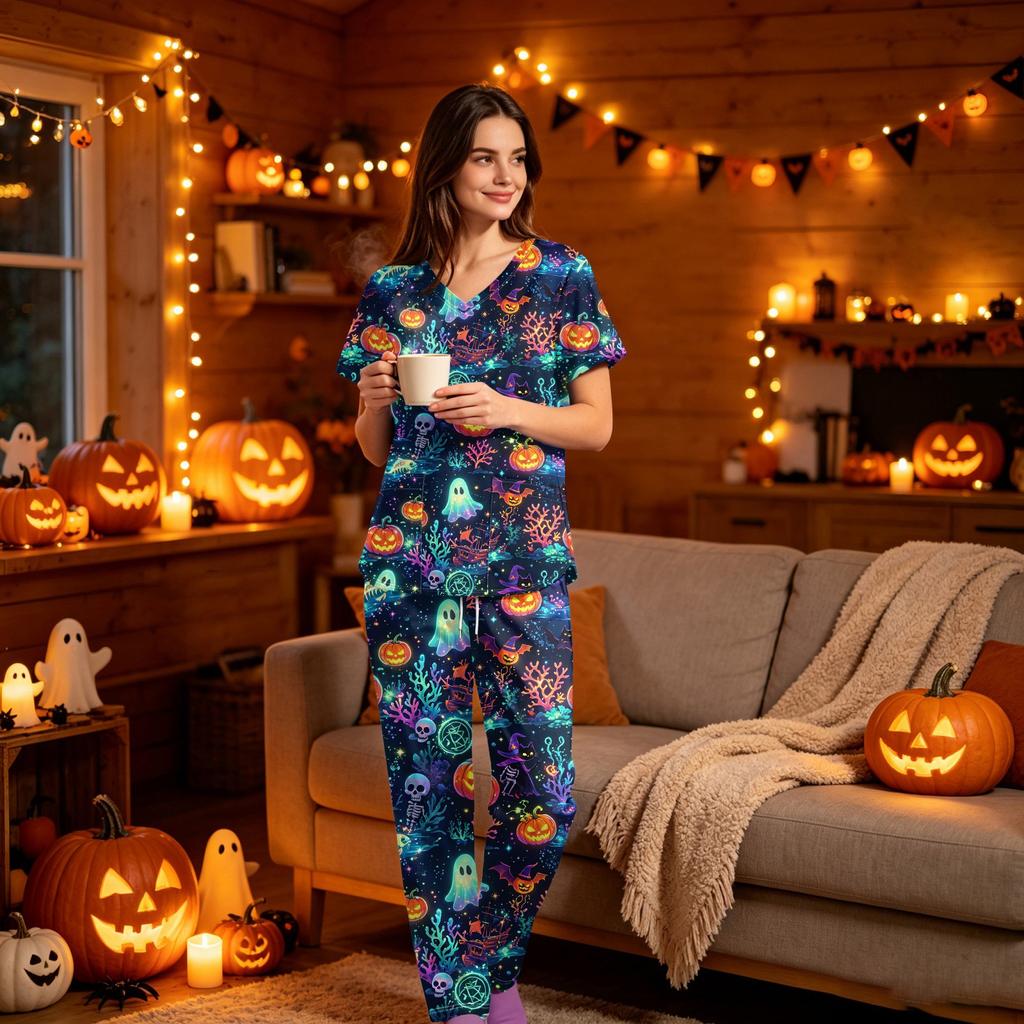 Women's Halloween Print Scrub Set V-Neck Short Sleeve Top with Pocket and Pants 2-Piece Uniform