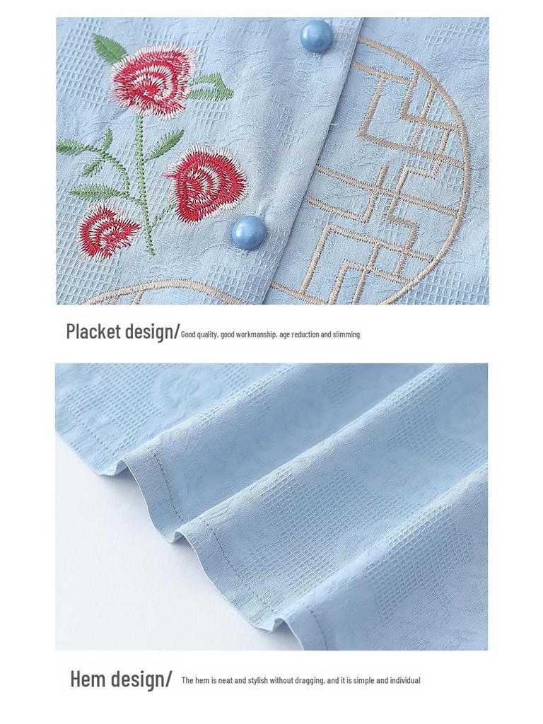 Women's Summer Short-Sleeve Embroidered Suit, Loose & Comfortable, Round Neck, Two-Piece for Middle-Aged & Elderly Moms & Grandmas.