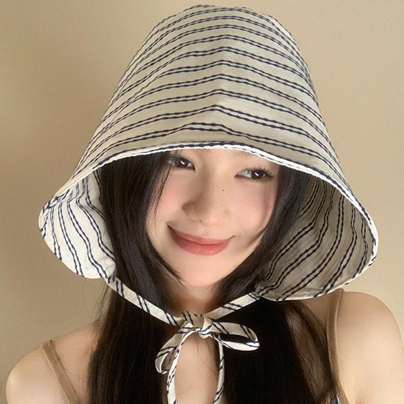 Women'S Wide-Brimmed Foldable Bucket Hat With Drawstring Korean Style Striped Panama Outdoor Hiking Hat Sun Protection Hat