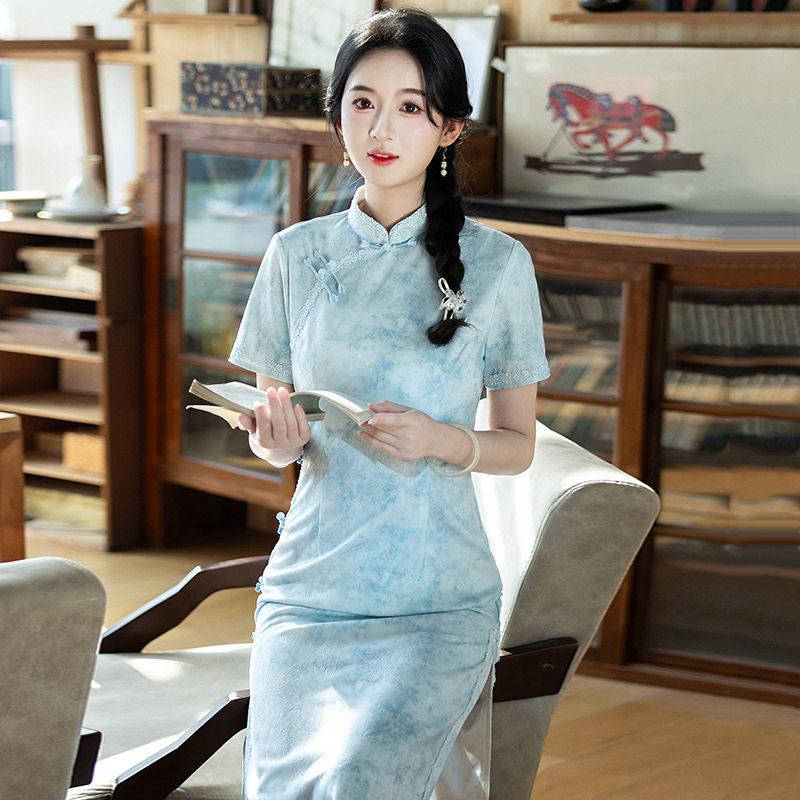 Modrá národní styl nový čínský styl denní Suzhou dlouhé čchang-pao vylepšené mladé 1011 nové dámské vysoký pocit léto