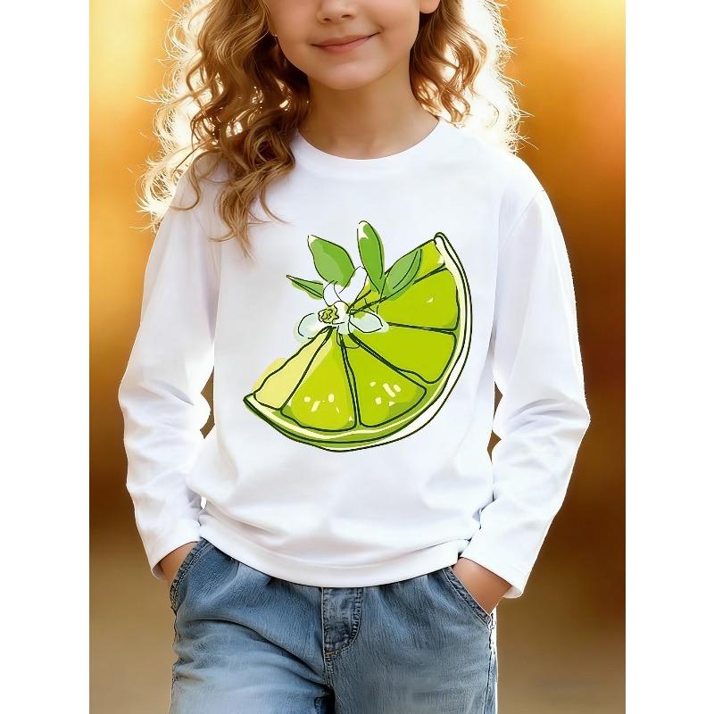 European sizes Kids Casual Sports Long Sleeve T-Shirt Cartoon Lime Slice Print with Leaves Small Decorative Elements Skin-Friendly Soft